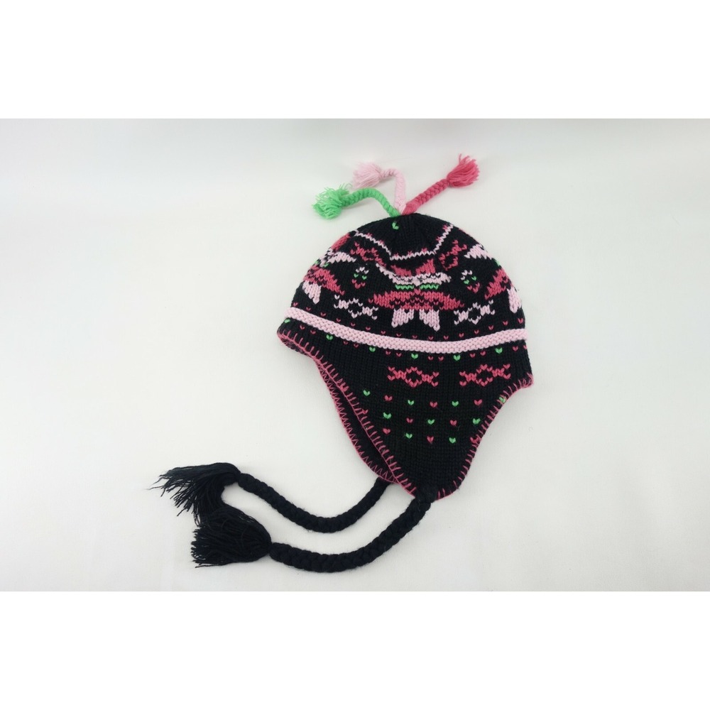 SCREAMER BLACK PINK WINTER‎ EAR FLAP KNIT BEANIE HAT TASSELS FLEECE LINED
